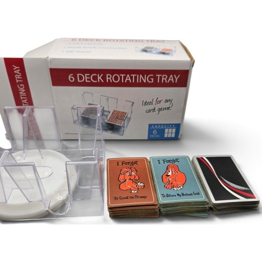 Vintage 6 Deck Rotating Playing Card Tray + 3 Decks Congress Bridge 54 Each